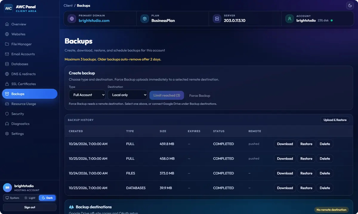 AWC backups page with create, download and restore options