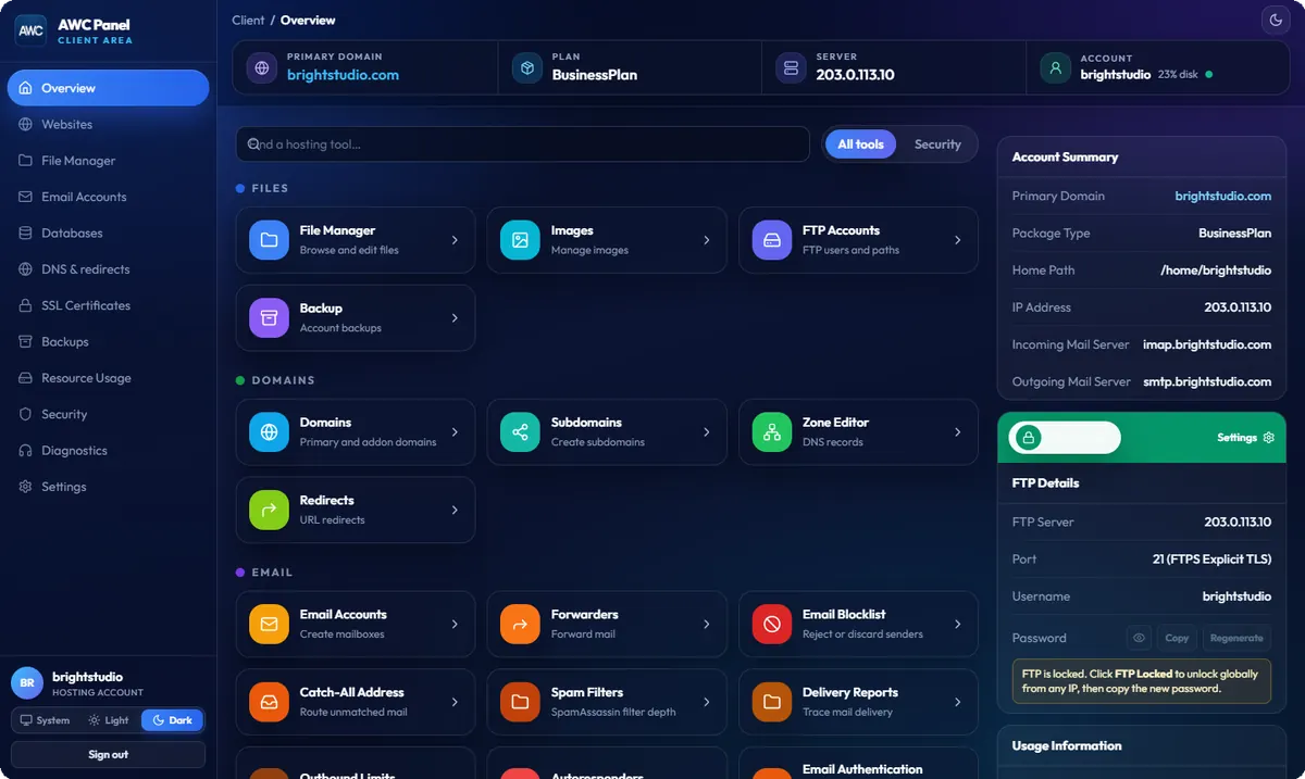 AWC hosting panel dashboard with all hosting tools in one view