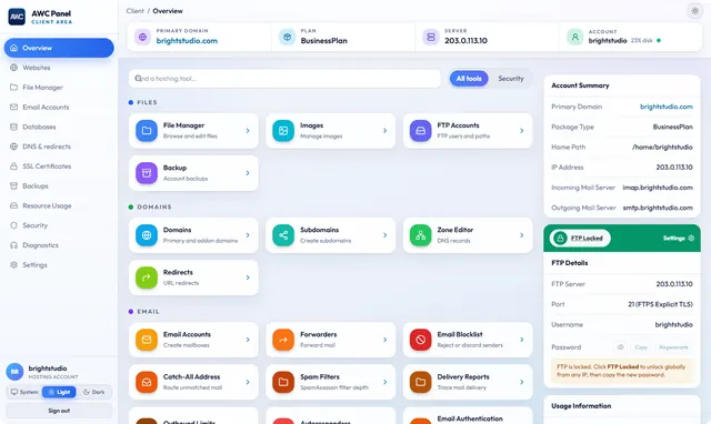 AWC hosting panel in light mode