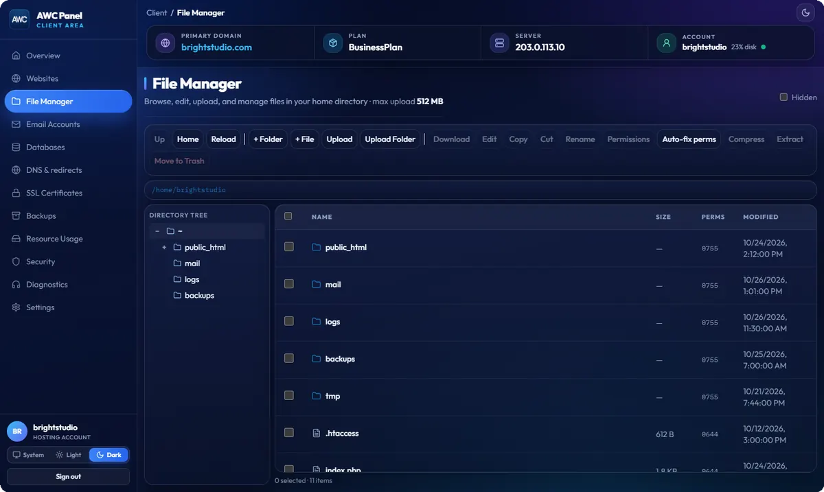 AWC File Manager with code editor, upload and extract tools